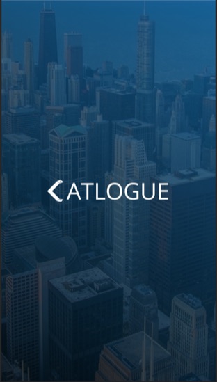 Catalogue app splash screen: the Catalogue wordmark over a city skyline.
