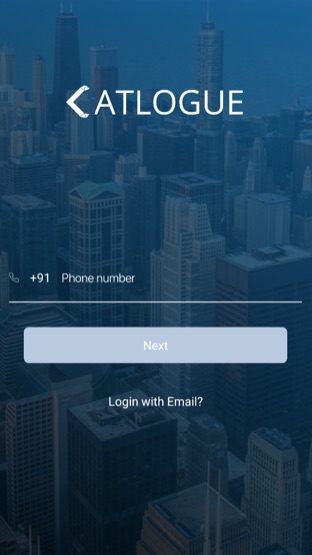 Catalogue app sign-in screen: phone number entry with a Next button and an option to log in with email.